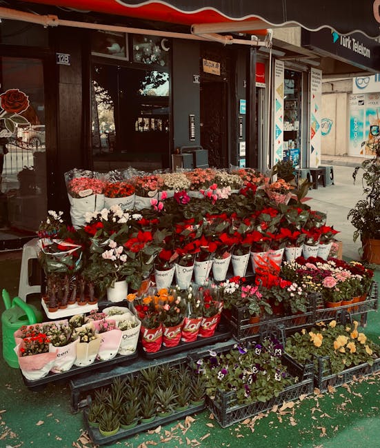 A display of fresh floral arrangements outside a flower shop on Ilford High Road, featuring a variety of colourful flowers including red, pink, white, and purple blooms. The flowers are arranged in wh